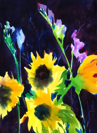 Night Sunflowers; 
2020; watercolor on Arches CP 140; 24 x 18"
